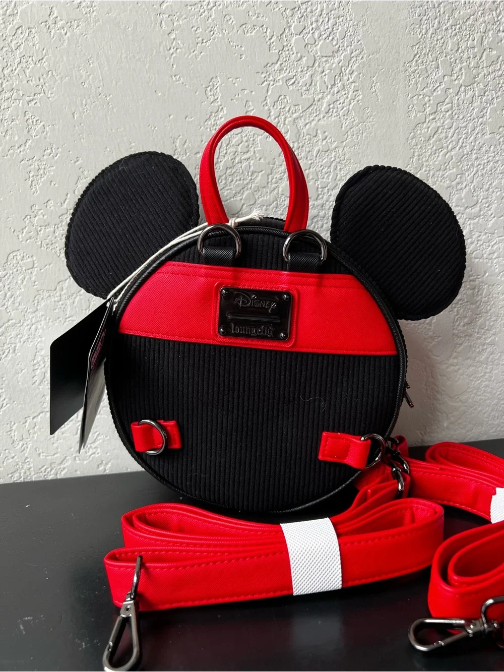 Loungefly Disney Mickey Mouse Corduroy Convertible Backpack Black Red - NWT